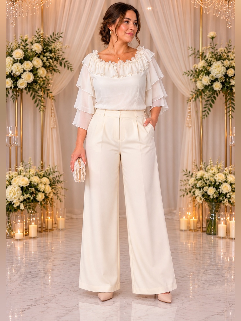 Gabby Skye Ivory Ruffle Chiffon Bell Sleeve Blouse Size 14 XL
